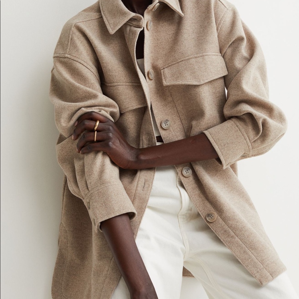 H&M Fleece Shirt Jacket Beige Melange Small